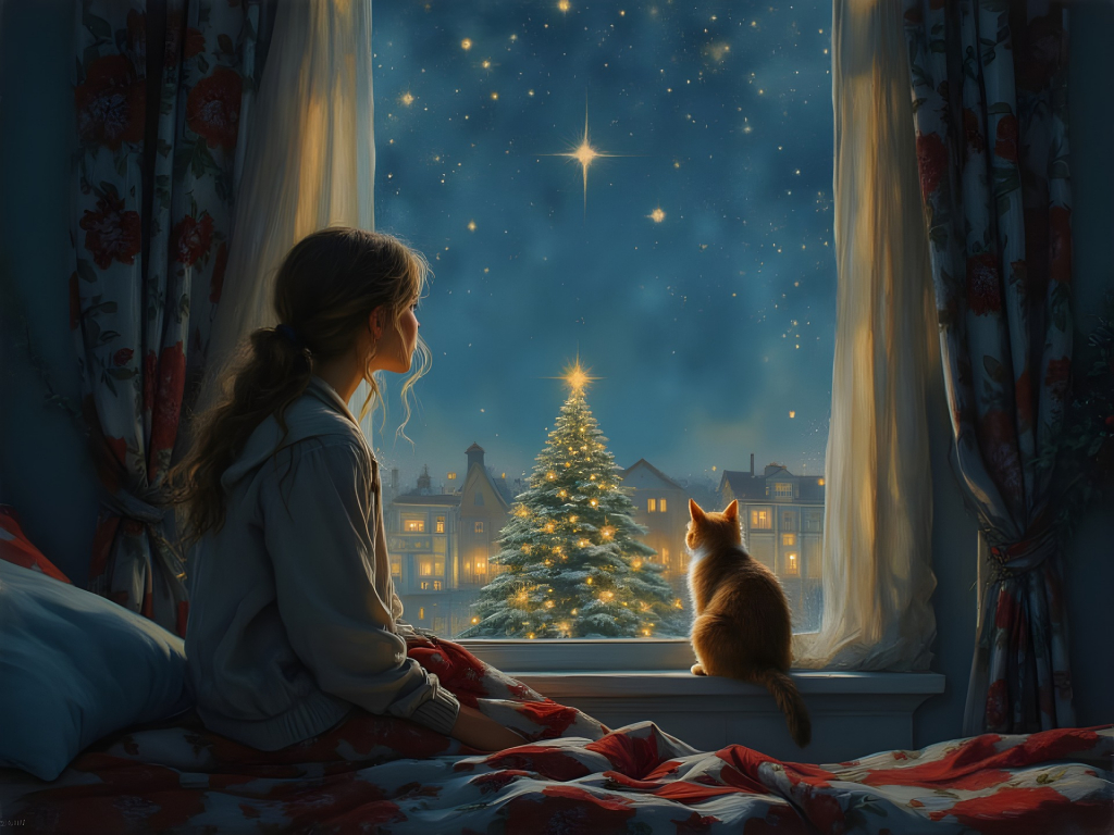 Kind mit Katze am Fenster - Draußen Weihnachtsbaum und Sternenhimmel