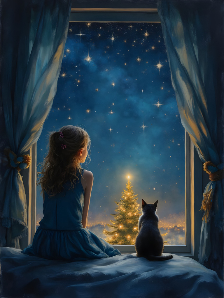 Text: Weihnachtsbild Mädchen mit Katze 