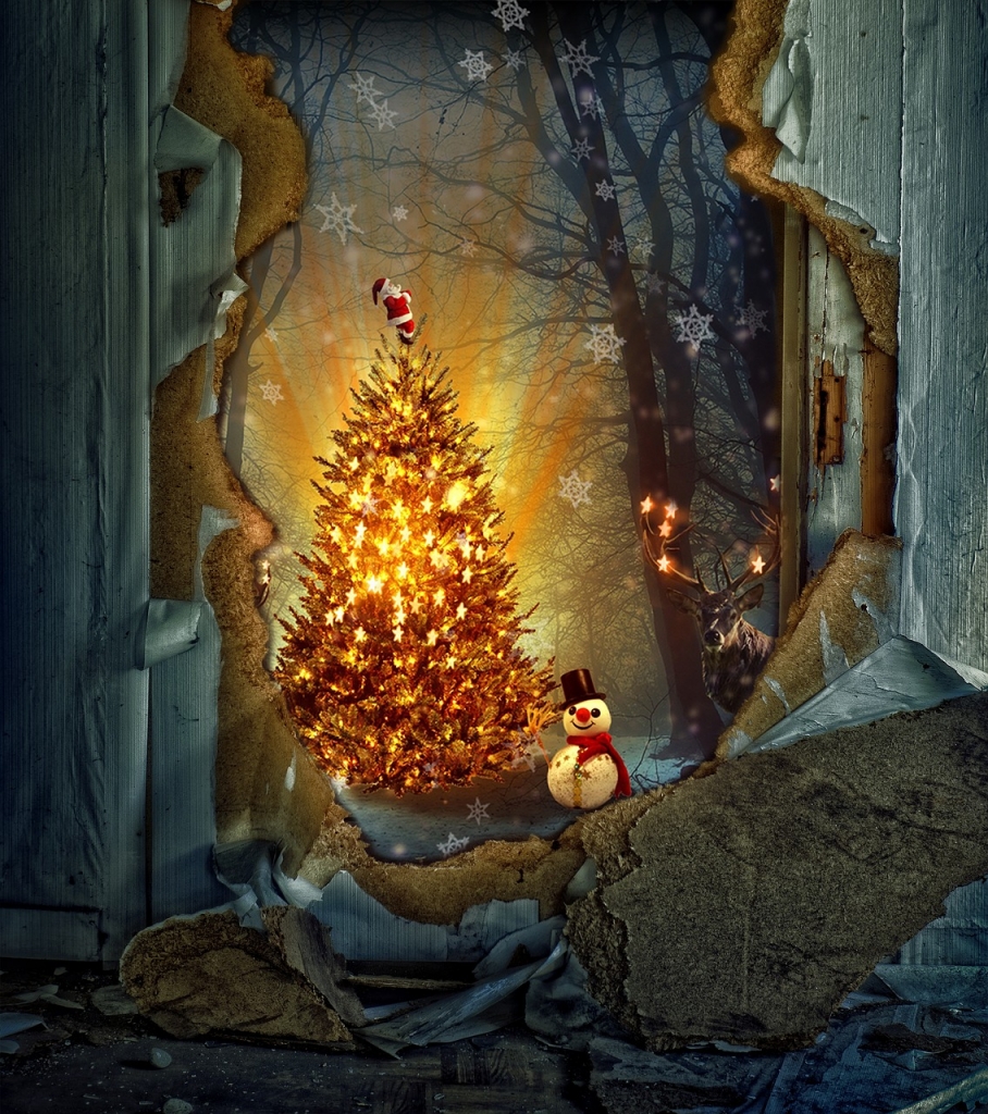 Weihnachtsbild mit Christbaum und Schneemann