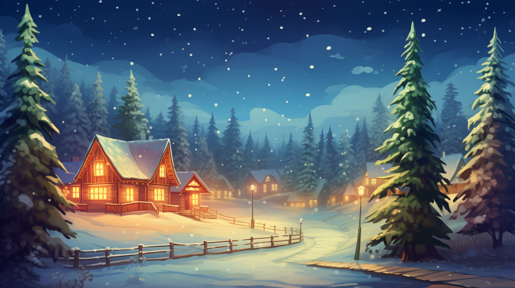 Winterlandschaft, beleuchtete Holzhäuser 