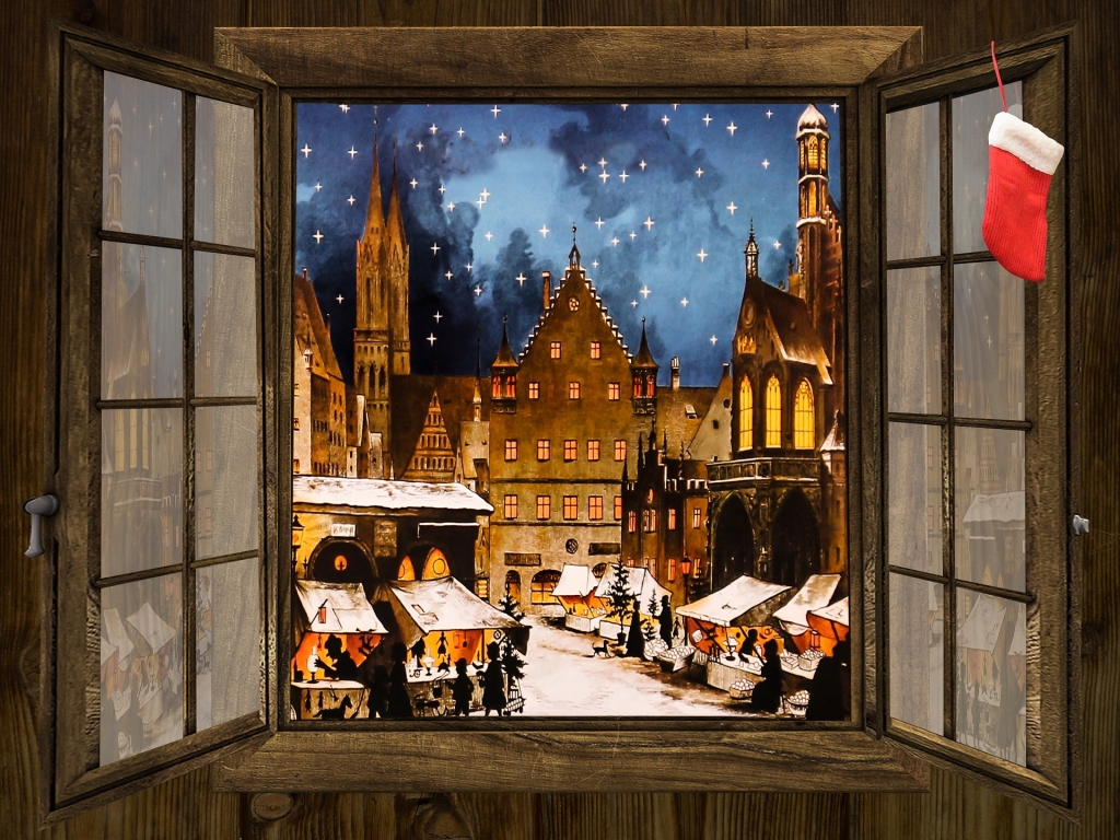 Blick aus dem Fenster auf Weihnachtsmarkt